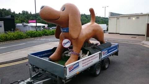 Delivering a "Big Dog" promotional trailer to a Vetenary Clinic in Lanak.